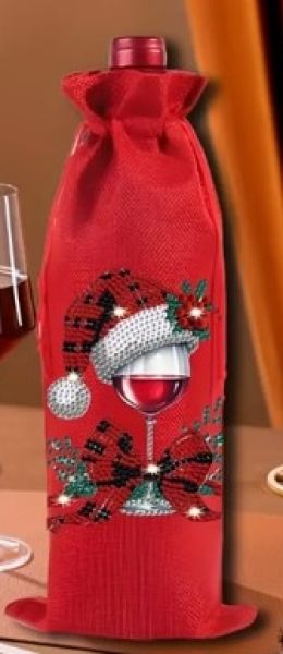Deko Diamond Painting handmade Weinbeutel, Motiv Weinglas mit Weihnachtsmütze (fertig)