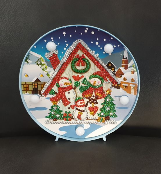 Weihnachtsdeko Diamond Painting Lampe Häuschen mit Schneemänner beleuchtet (fertig)