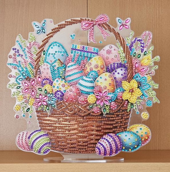 Osterdeko Diamond Painting handmade Ornament aus Acryl, Motiv Oster-Korb (fertig)