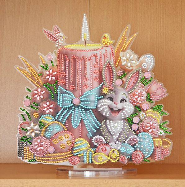 Osterdeko Diamond Painting handmade Ornament aus Acryl, Motiv Osterhase mit Kerze (fertig)