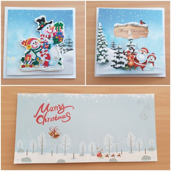 Diamond Painting 3D-Grußkarte Schneemänner mit Geschenke (fertig)