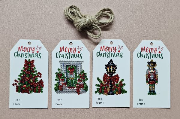 Deko Diamond Painting handmade Geschenk-Anhänger-Set (4 Stück), Motiv "Merry Christmas" (fertig)