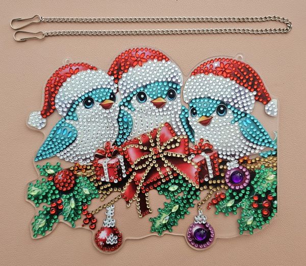 Deko Diamond Painting handmade Ornament aus Acryl, Motiv Weihnachtsvögel zum Aufhängen (fertig)