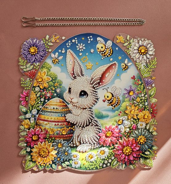 Osterdeko Diamond Painting handmade Ornament aus Acryl, Motiv Hase mit Oster-Ei (fertig) z. Aufh.