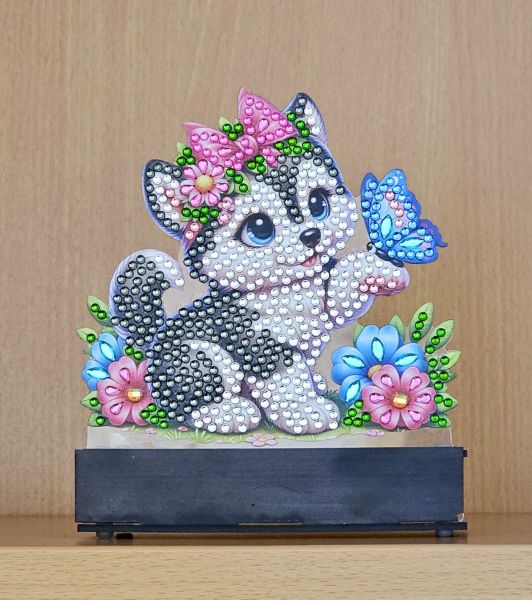 Deko Diamond Painting handmade Kerzenständer aus Acryl, Motiv Kätzchen mit Schmetterling (fertig)