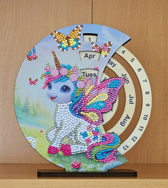 Deko Diamond Painting handmade Kalender aus Holz, Motiv Einhorn (fertig)