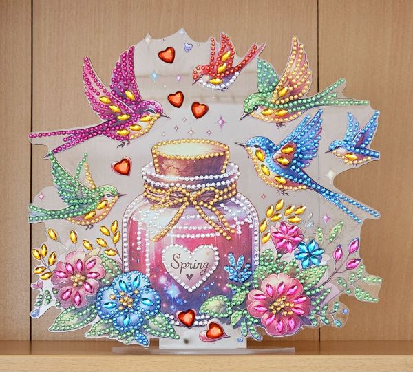 Deko Diamond Painting handmade Ornament aus Acryl, Motiv "Spring"-Herz im Glas (fertig)