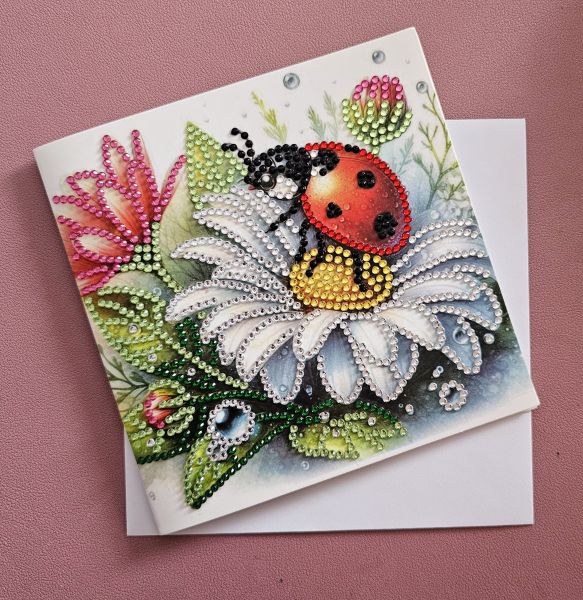 Diamond Painting Grußkarte (fertig), Marienkäfer mit Blumen, handmade