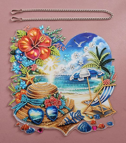 Deko Diamond Painting handmade Ornament zum Aufhängen, Herz "Urlaubsfeeling" (fertig)