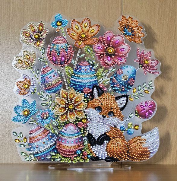 Deko Diamond Painting handmade Ornament, Motiv Fuchs mit Ostereier (fertig)