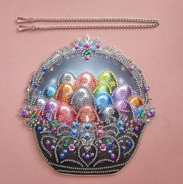 Osterdeko Diamond Painting handmade Ornament aus Acryl, Motiv Oster-Korb (fertig) z. Aufh.