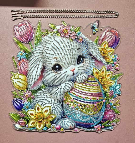 Osterdeko Diamond Painting handmade Ornament aus Acryl, Motiv Hase mit Oster-Ei (fertig) z. Aufh.