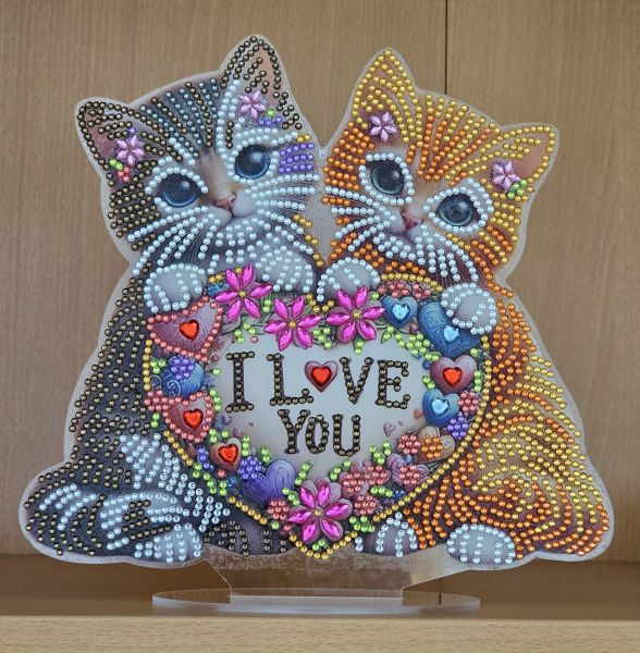 Deko Diamond Painting handmade Ornament, Motiv Katzen "I LOVE YOU" (fertig)