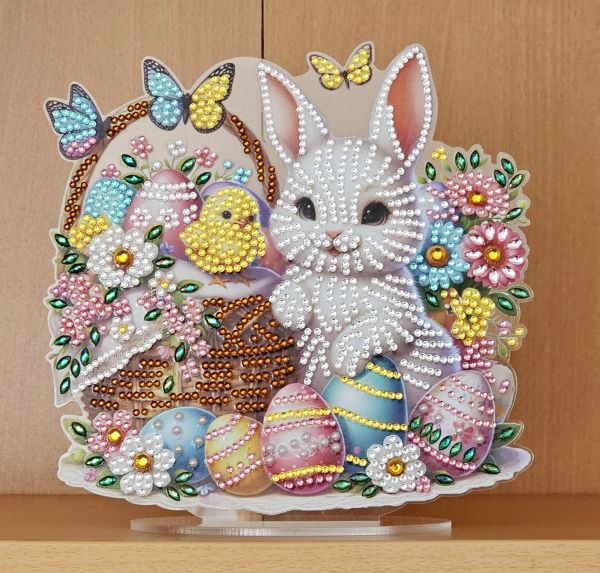 Osterdeko Diamond Painting handmade Ornament aus Acryl, Motiv Hase mit Oster-Korb (fertig)