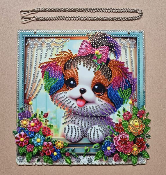 Deko Diamond Painting handmade Ornament zum Aufhängen, fröhlicher Hund (fertig)