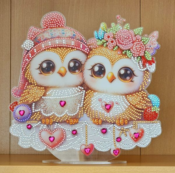 Deko Diamond Painting handmade Ornament aus Acryl, Motiv Eulenpaar (fertig)