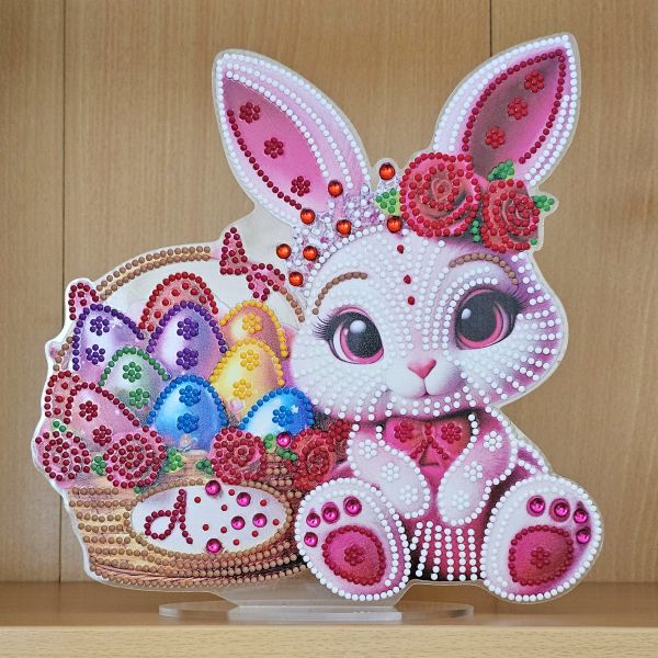 Deko Diamond Painting handmade Ornament, Motiv Hase weiß-pink (fertig)
