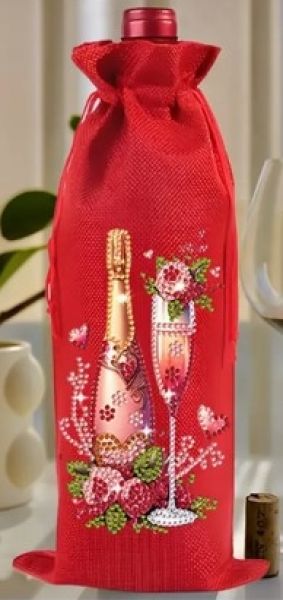 Deko Diamond Painting handmade Weinbeutel, Motiv Sektflasche & Sektglas (fertig)