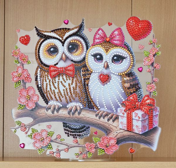 Deko Diamond Painting handmade Ornament aus Acryl, Motiv Eulenpaar (fertig)