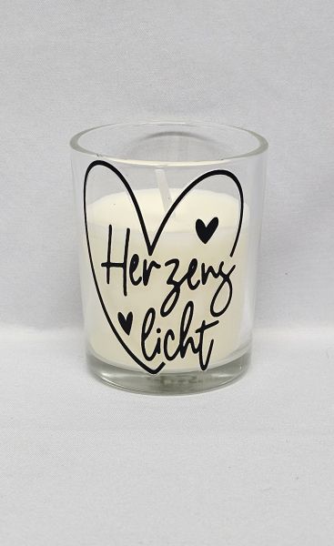 Kerze im Glas, Motiv (schwarz) "Herzenslicht"