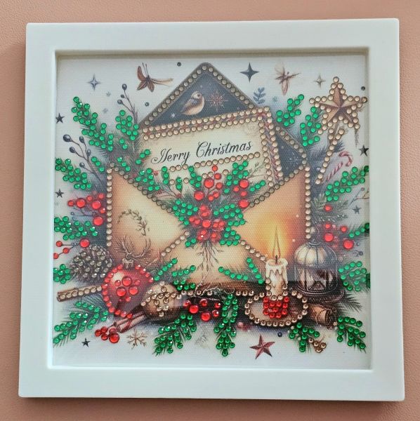 Deko Diamond Painting handmade Bild mit Rahmen, Brief "Merry Christmas" (fertig)