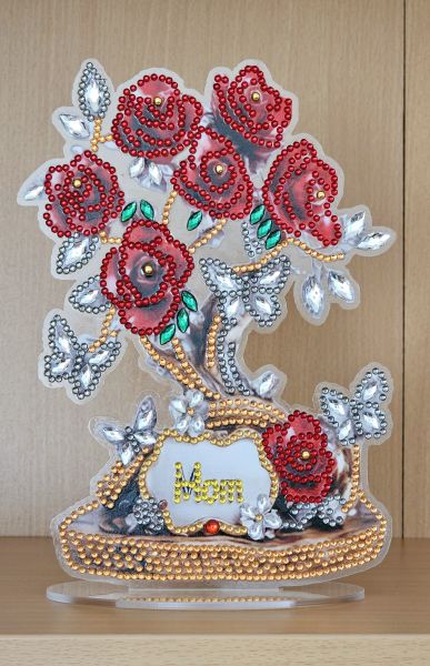 Deko Diamond Painting handmade Ornament, Motiv Rosenbaum "MOM" (fertig)