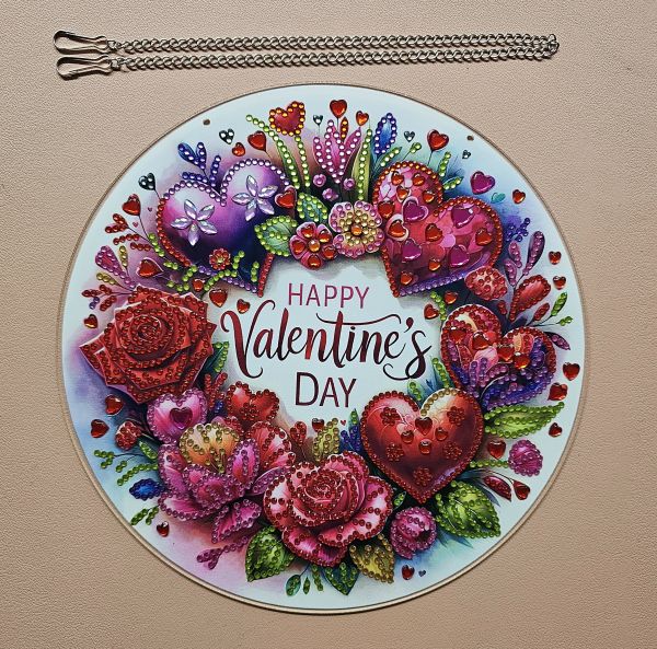 Deko Diamond Painting handmade Ornament zum Aufhängen, "Happy Valentine´s Day" (fertig)