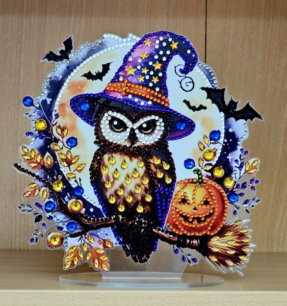 Deko Diamond Painting handmade Ornament aus Acryl, Motiv Halloween Eule (fertig)