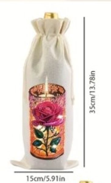 Deko Diamond Painting handmade Weinbeutel, Motiv Kerze mit Rose (fertig)