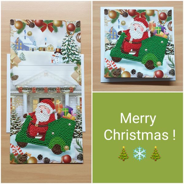 Diamond Painting 3D-Grußkarte Weihnachtsmann im Auto (fertig)