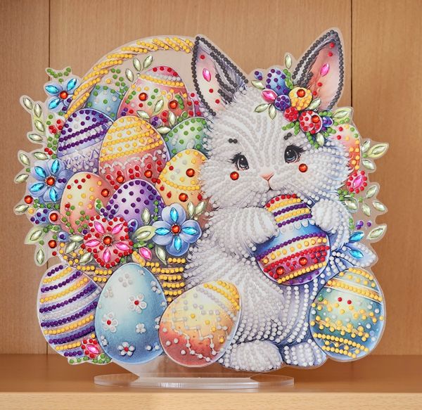 Osterdeko Diamond Painting handmade Ornament aus Acryl, Motiv Hase mit Oster-Ei (fertig)