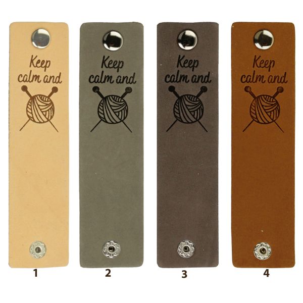 Durable "Keep calm and knit" Lederlabel mit Druckknopf / 12 x 3cm / 2-St.-Packung