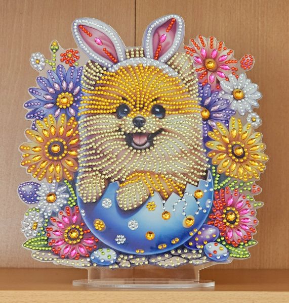 Osterdeko Diamond Painting handmade Ornament aus Acryl, Motiv Pomeranian als Osterhase (fertig)