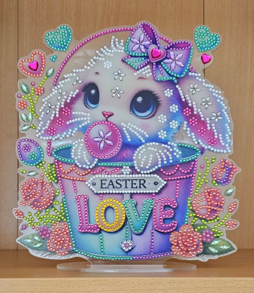 Deko Diamond Painting handmade Ornament, Motiv Hase im Eimer "LOVE" (fertig)