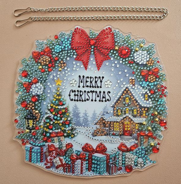 Deko Diamond Painting handmade Ornament aus Acryl, Motiv Winter-Landschaft zum Aufhängen (fertig)